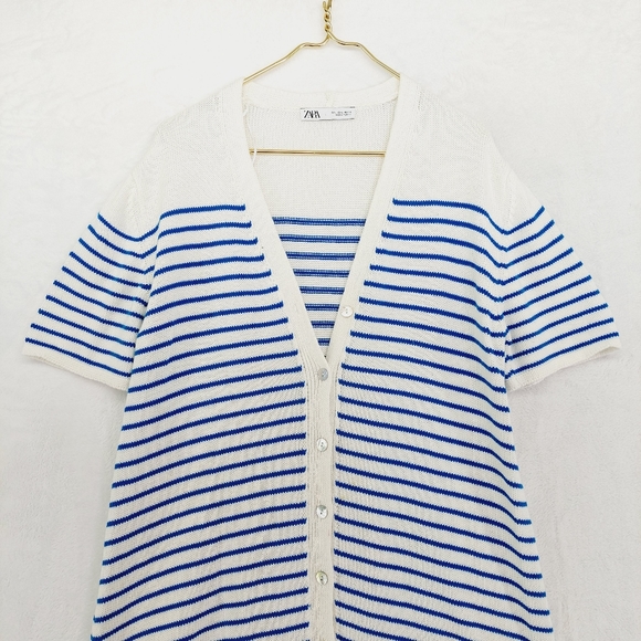 Zara Blue White Stripes Knit Oversized Midi Summer Button Up Dress P1657 - Picture 4 of 11